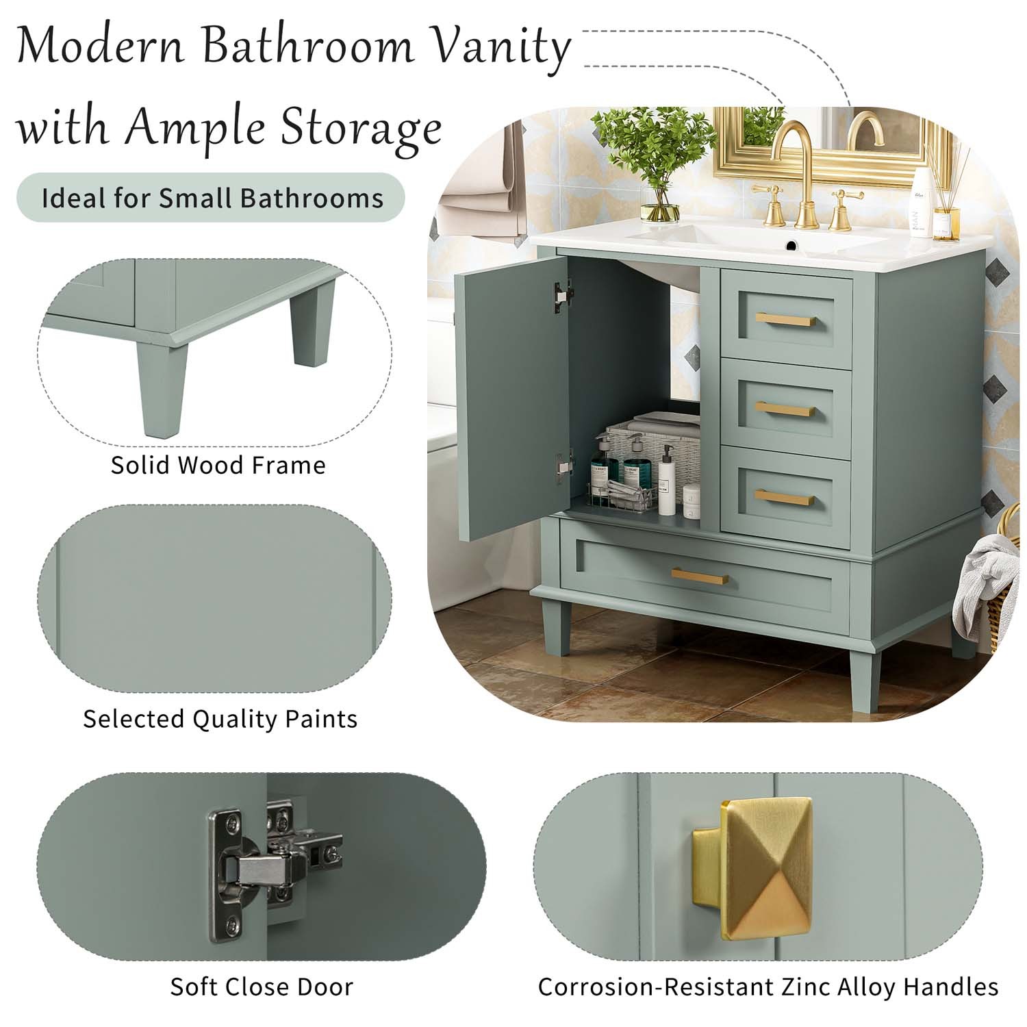 30″ Freestanding Bathroom Vanity Black Green Solid Wood Soft-Close 3 Drawer Sink