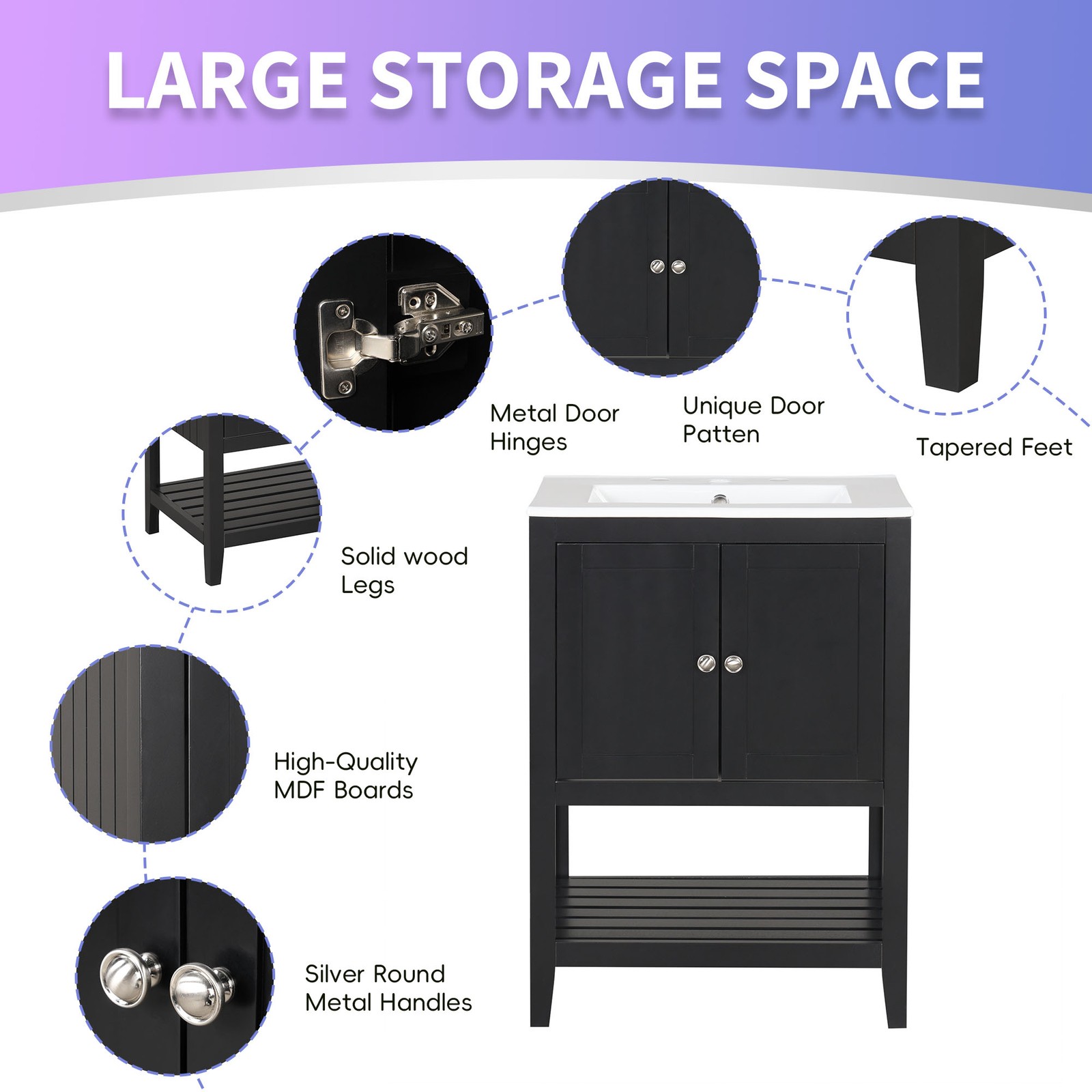 24″ Black Modern Bathroom Vanity with Ceramic Sink & Wood Frame