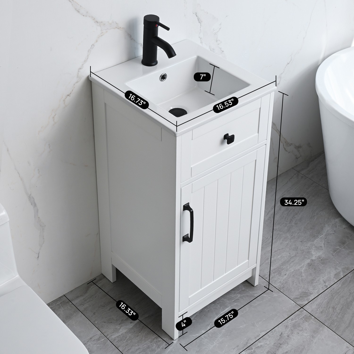 16″ Bathroom Vanity with Sink Small Cabinet Ceramic Sink Set Faucet &Drain Combo