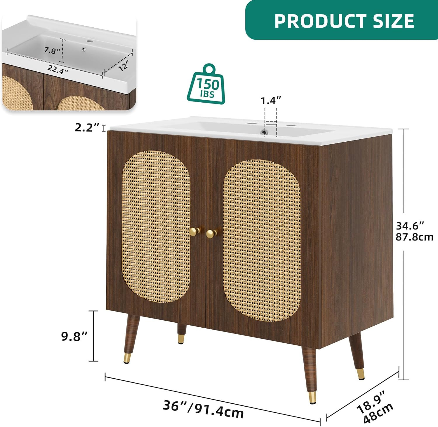 36″ Walnut Rattan Bathroom Vanity with Sink & Soft-Closing Doors, Boho Style