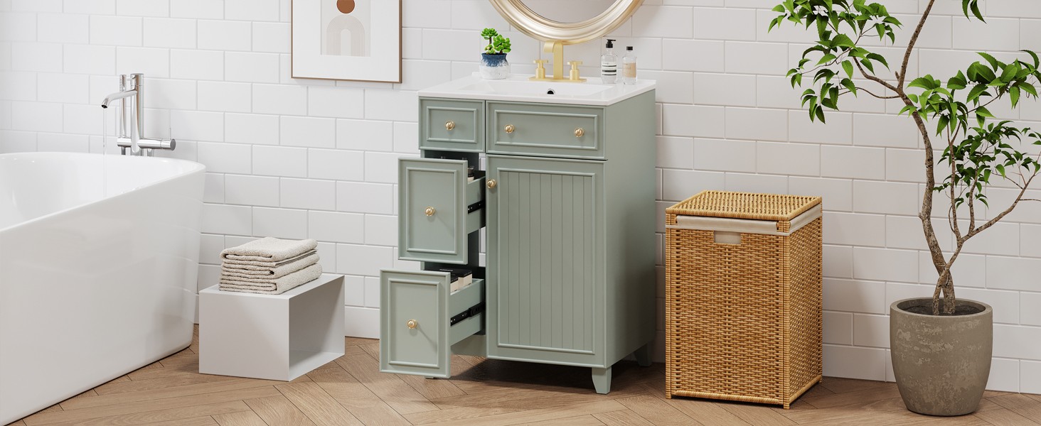 24″ Bathroom Vanity Cabinet with Ceramic Sink, 2 Drawers, 1 Door