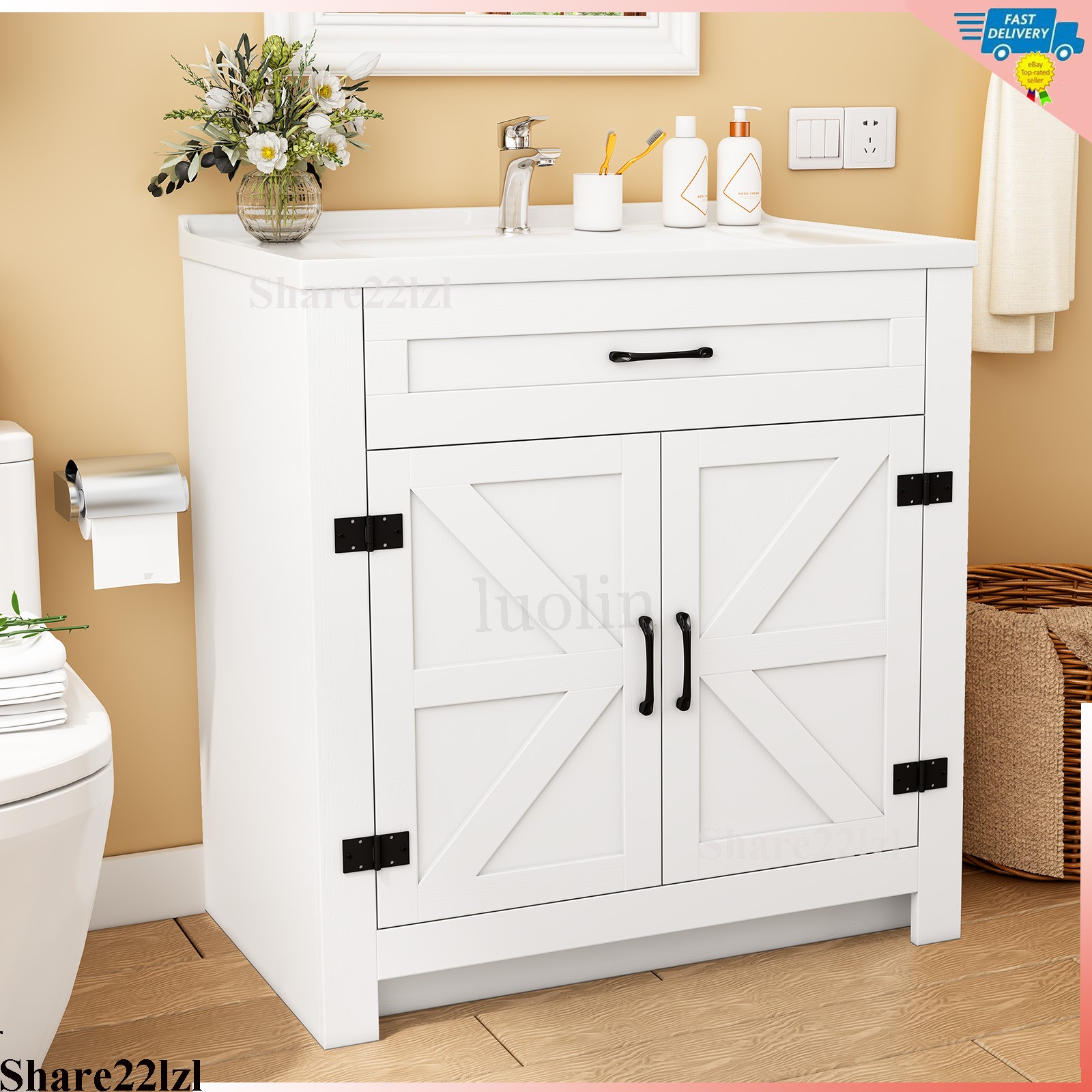 31″ Ceramic Sink Storage Bathroom Vanity with 2 Doors Bathroom Cabinet Space