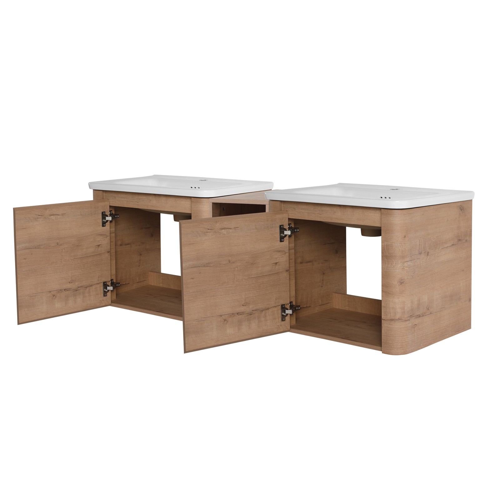 60in Wall-Mounted Bathroom Vanity W/ Double White Ceramic Sink Storage Shelves