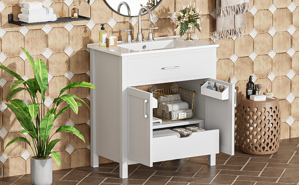 30-Inch Bathroom Vanity with Ceramic Sink, White, Solid Wood MDF