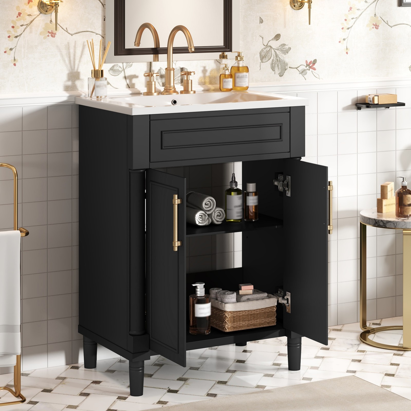 24″ Bathroom Vanity w/ Sink & 2 Doors, Black, 34.95″ H Solid Wood+MDF