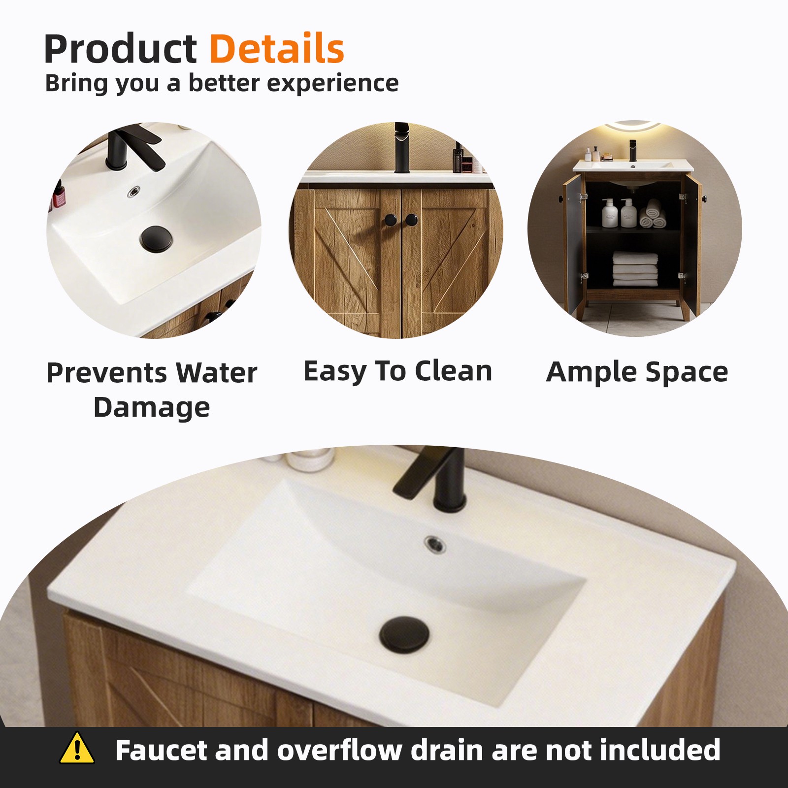 30″ Golden Oak Folding Floor Cabinet With Ceramic Sink Modern Storage Cabinet