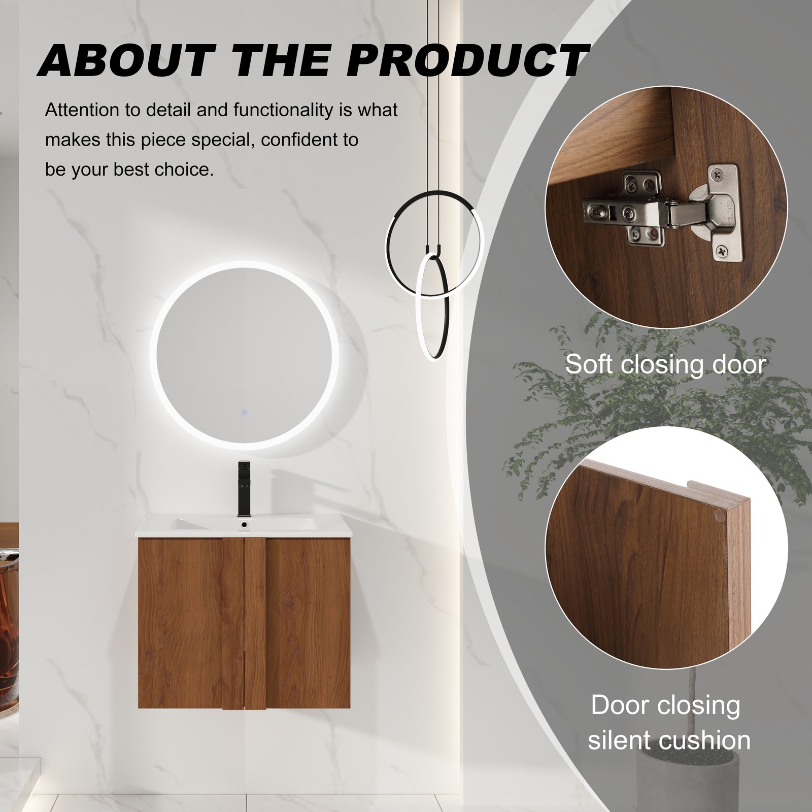 24″ Floating Bathroom Vanity with Sink, Brown Ebony Cabinet, Soft-Close