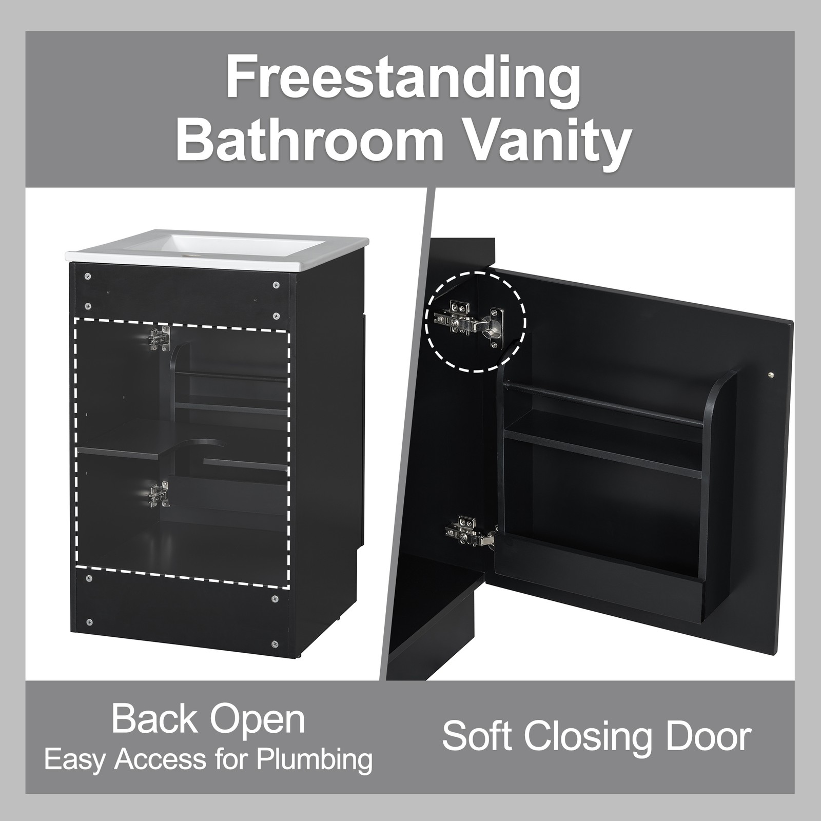 20″ Bathroom Vanity with Ceramic Sink, Black MDF Cabinet