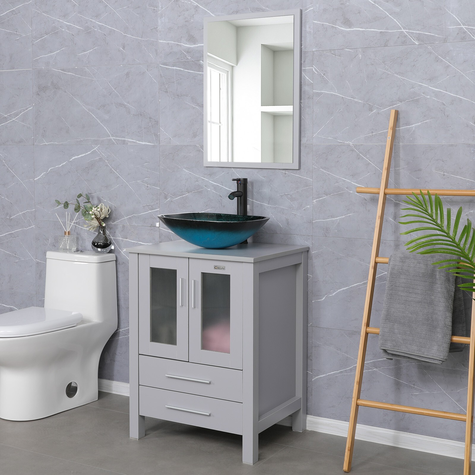 24″ Gray Bathroom Vanity Set Tempered Glass Vessel Sink Faucet Combo No Mirror