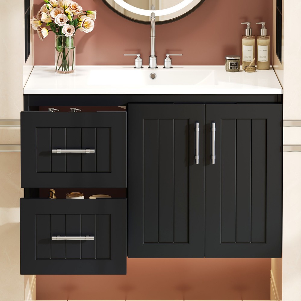 36″ Wall Mounted Bathroom Vanity w/Sink,Floating Vanity Cabinet,2 Drawers, Doors