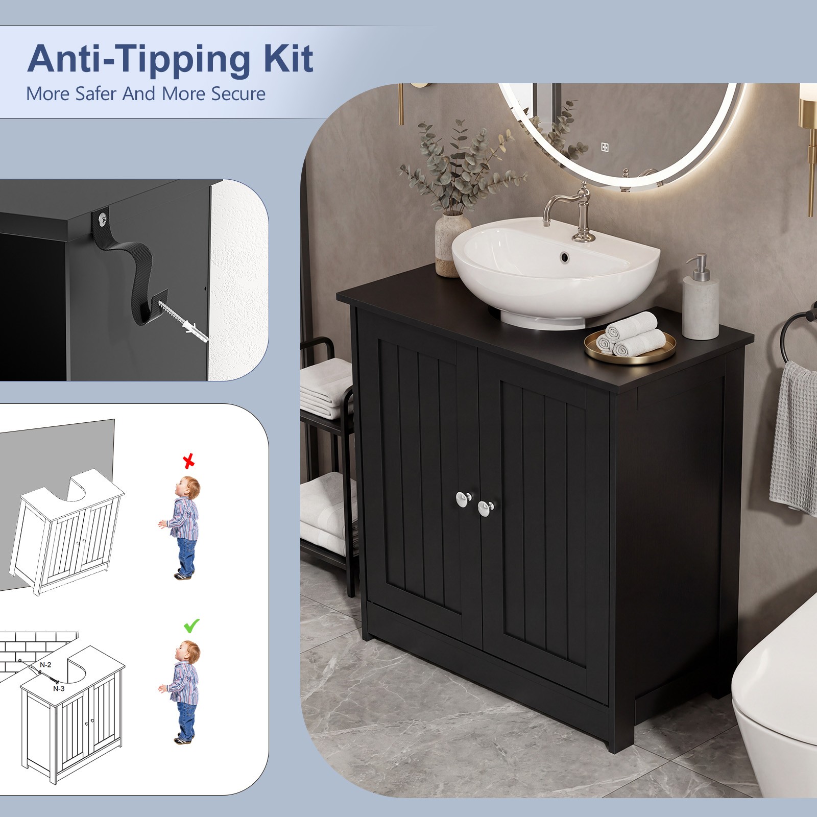 24″ Pedestal Under Sink Storage Bathroom Vanity with 2 Doors Bathroom Cabinet