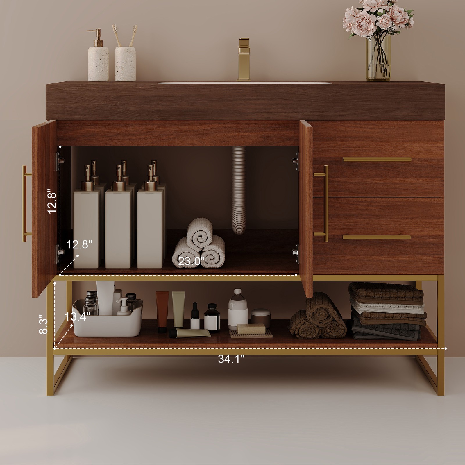 36″ Modern Bathroom Vanity w/Seamless Ceramic Sink & Sintered Stone Top Walnut