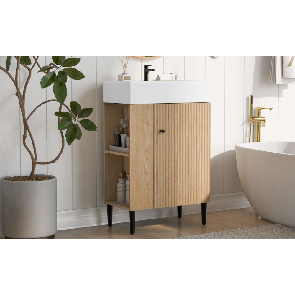21.6″ Wood Bathroom Vanity，Ceramic Sink，Free-Standing Cabinet，Left Side Storage