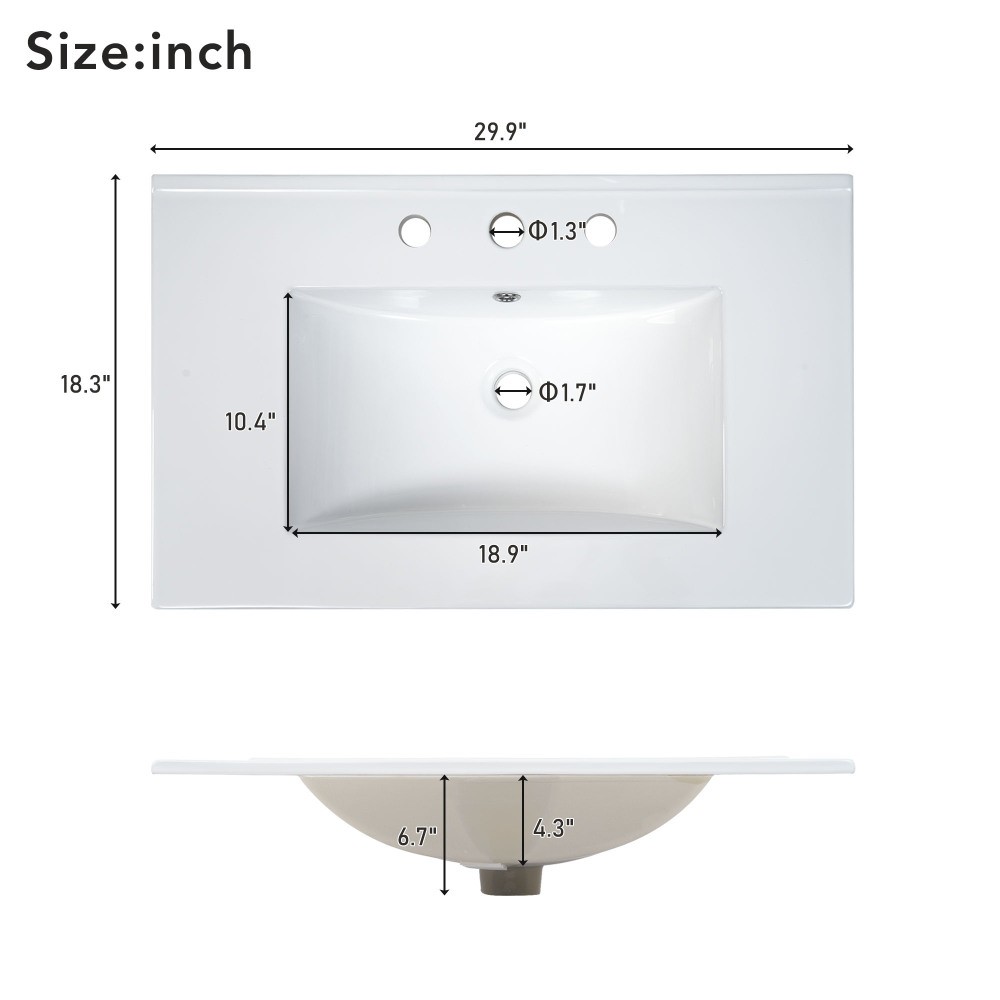 29.9-inch Traditional Bathroom Vanity with Ceramic Sink, Solid Wood Legs