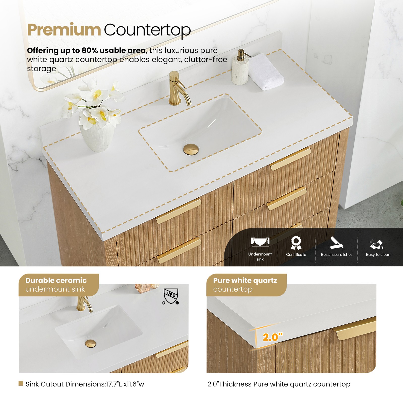 Santarem 48″ Single Bath Vanity in Washed Ash Grey with White Quartz Stone Top