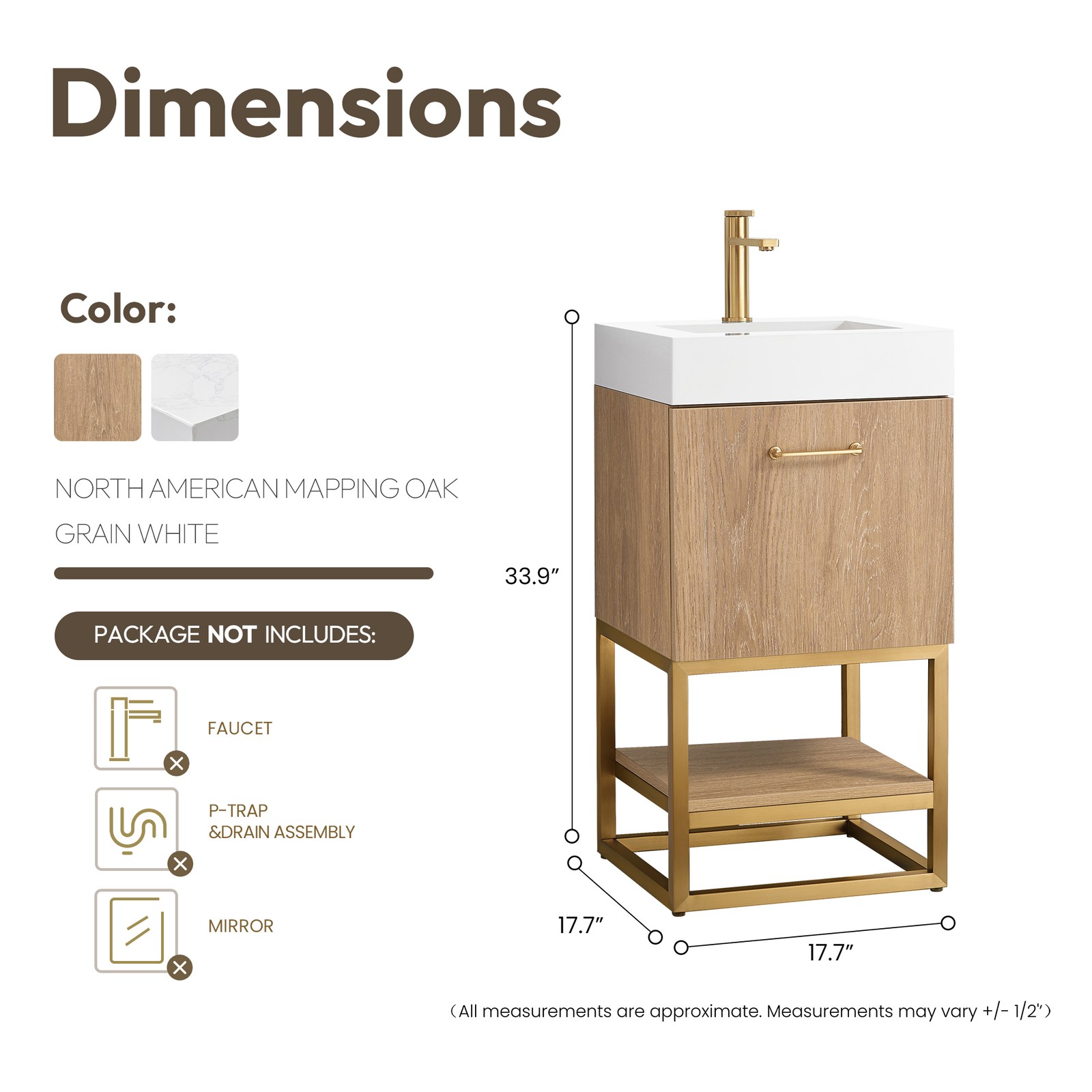 Vinnova Alistair 18″ White Stone Top Single Vanity in Oak without Mirror