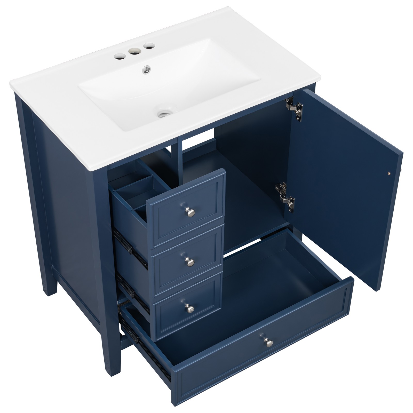 30″ Blue Bathroom Vanity with Sink, 1 Cabinet & 3 Drawers, Solid Wood & MDF