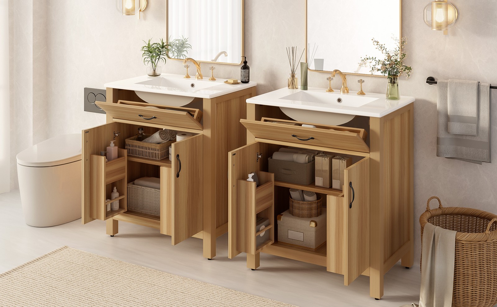 60″ Wood Bathroom Vanity with Solid Wood Frame, 4 Soft Close Doors,2 Flip Drawer
