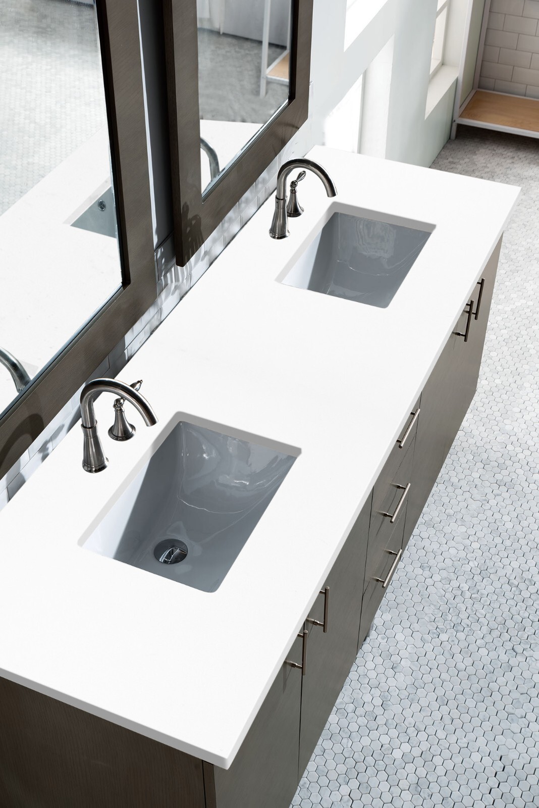 72″ JAMES MARTIN METROPOLITAN SILVER OAK DOUBLE BATHROOM VANITY + WHITE QUARTZ