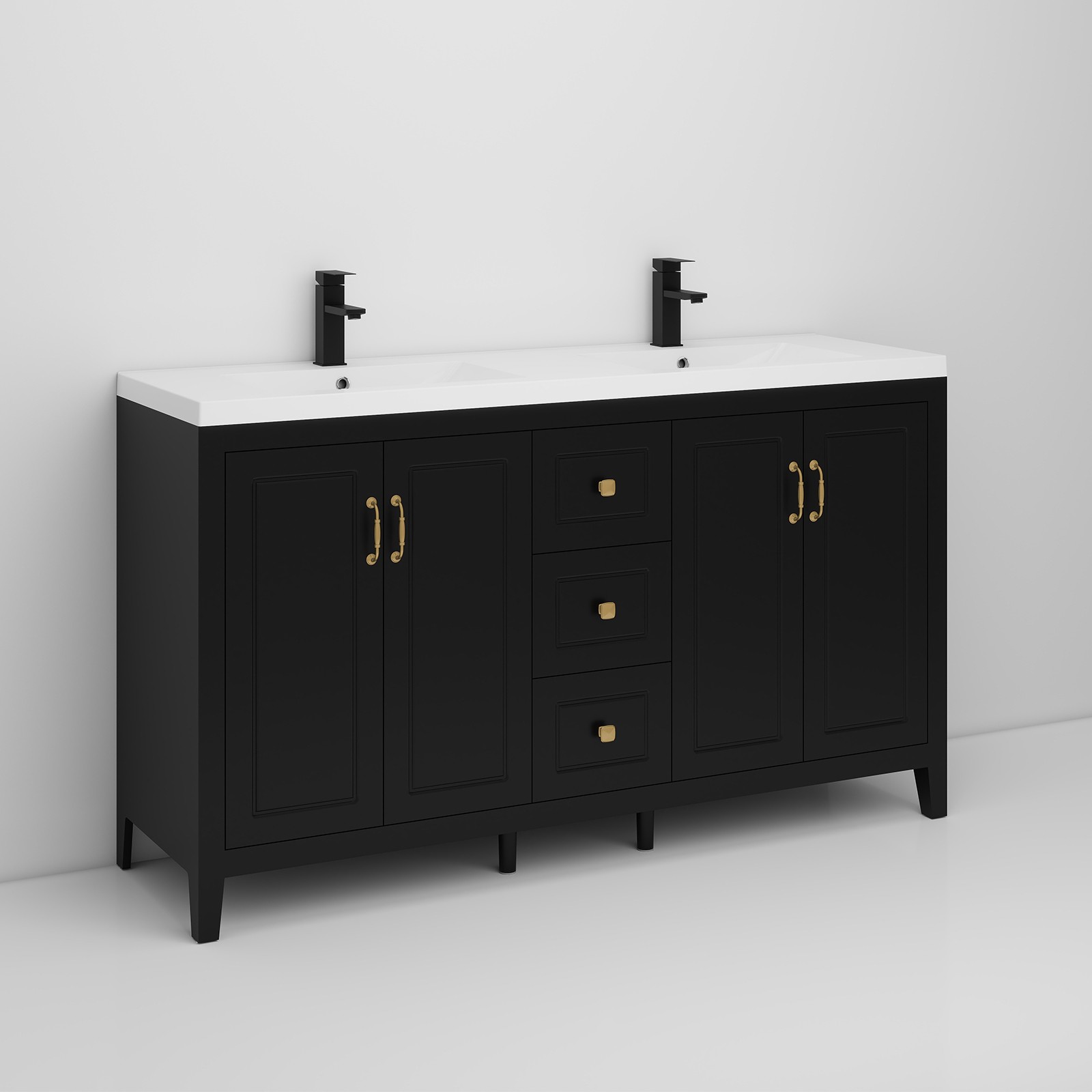60″ Freestanding Bathroom Vanity Soft-Close 4 Doors 3 Drawers Matte Black Faucet