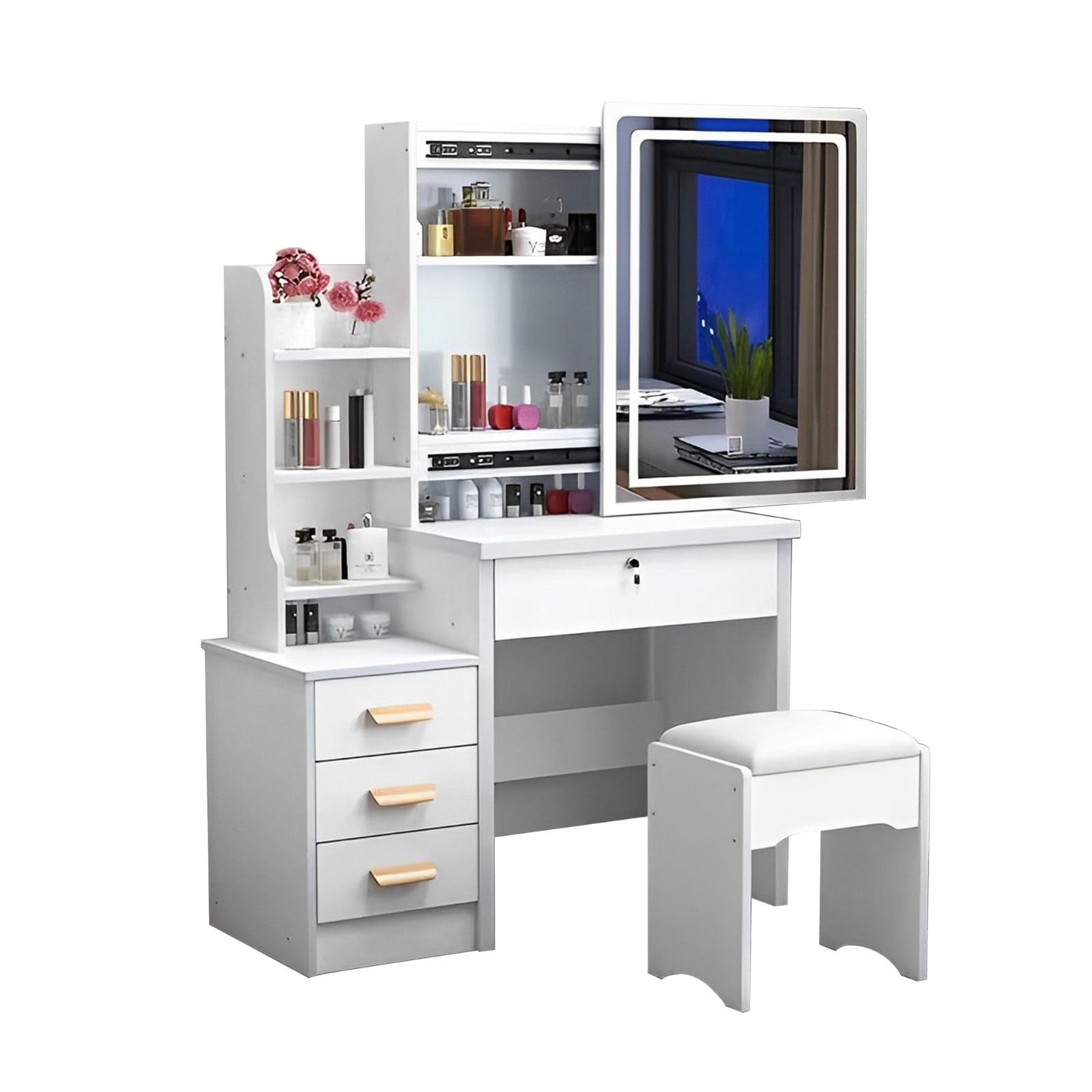 Makeup Vanity Desk with Mirror Lights Stool Set Adjustable 3-Color