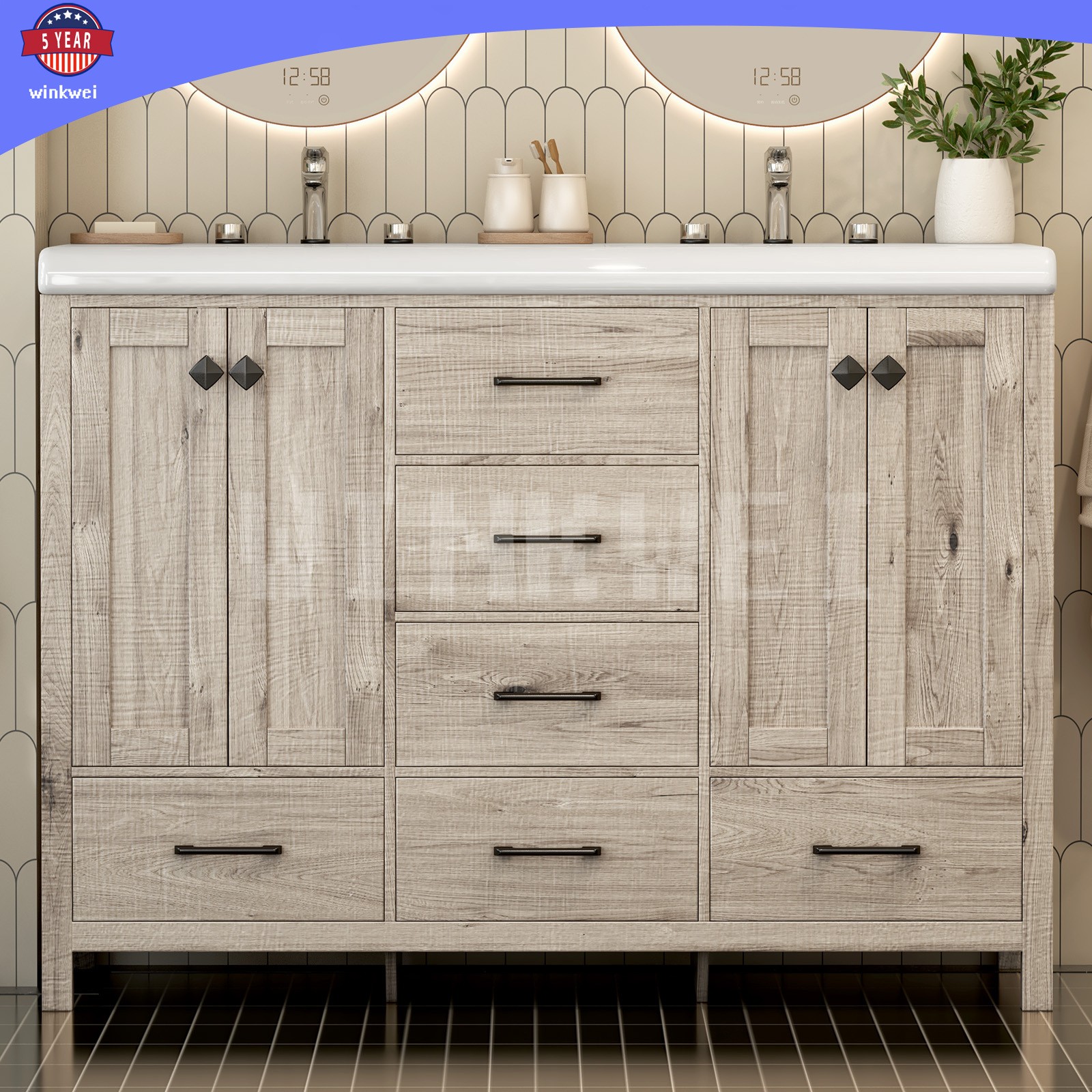 47.3″ Grey Bathroom Vanity Vanity Top Double Sink Ceramic 5 Drawer Freestanding