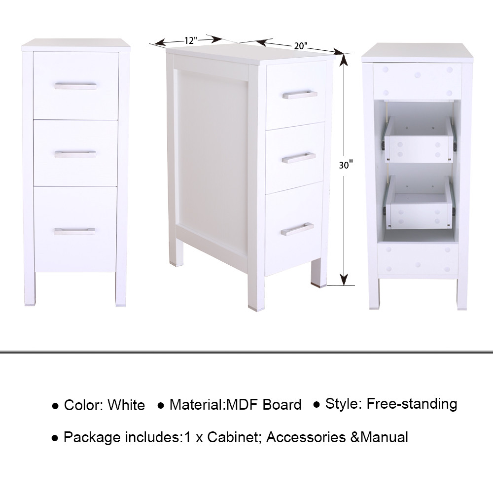 12″ White Bathroom Vanity 3 Drawers Small Beside Cabinet Shelf Modern MDF Wood