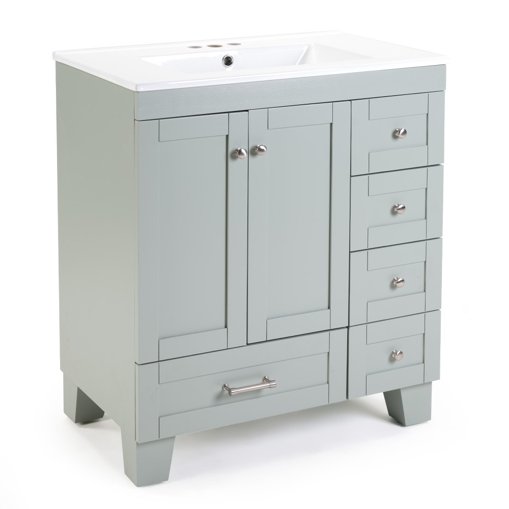 30″ Blue Grey Bathroom Vanity with Ceramic Sink, Soft-Close Drawers, Wood Frame