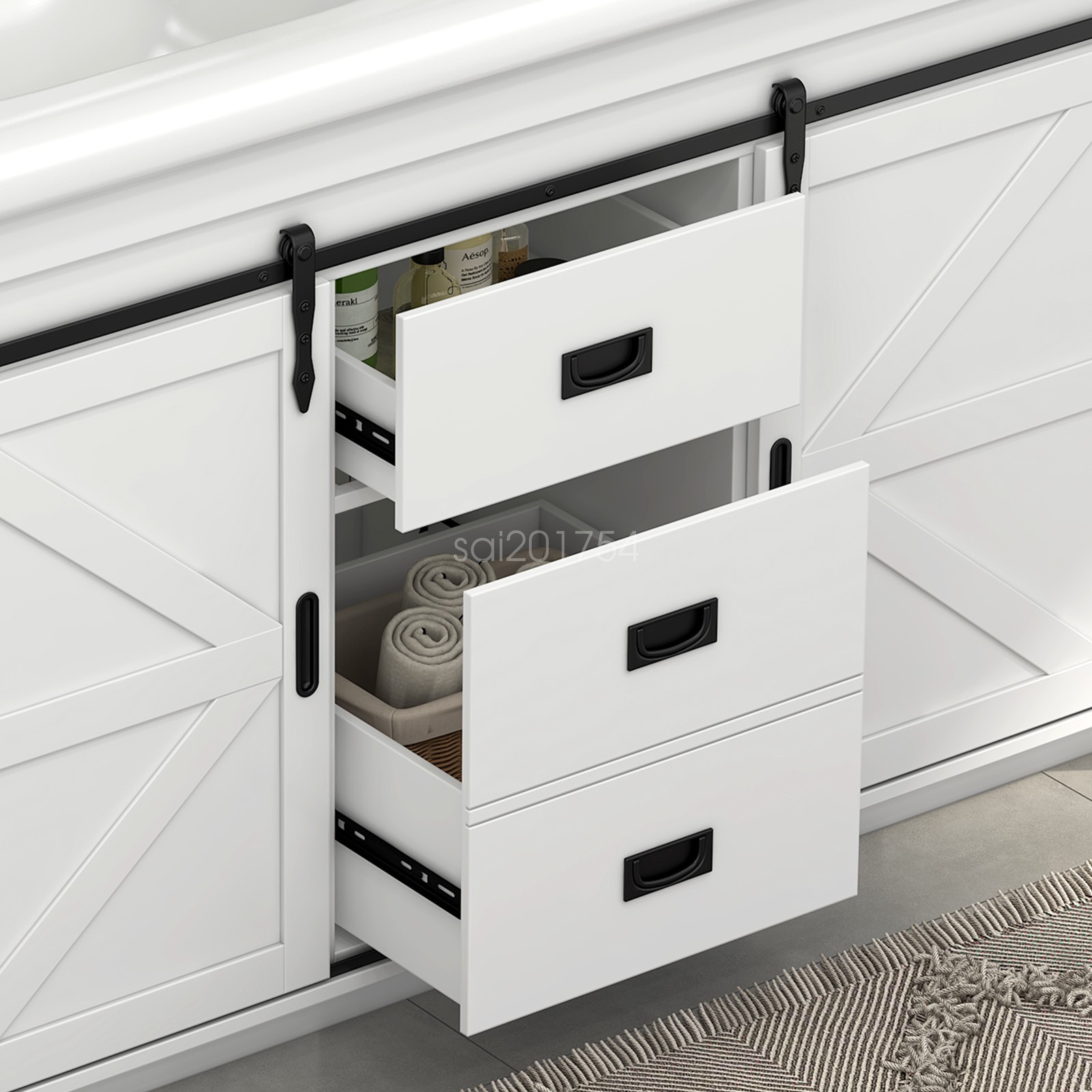 47.3″ Bathroom Vanity Freestanding Ceramic Sink Cabinet With Drawers and Doors