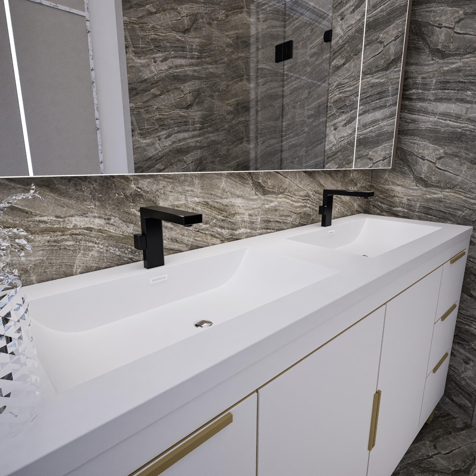 60″ Freestanding Bathroom Vanity Double Sink Storage Cabinet Soft Doors, Drawers