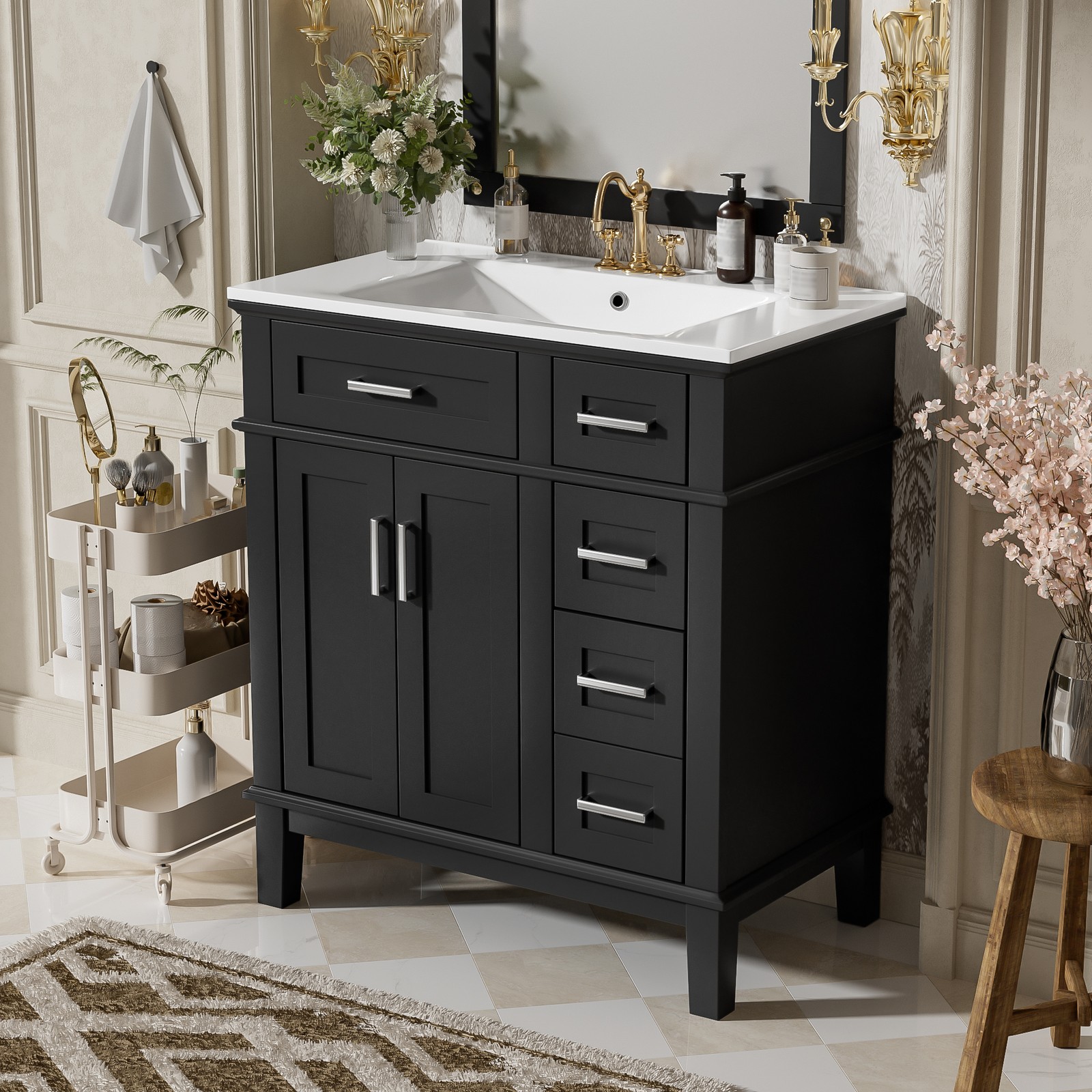 30″ Bathroom Vanity with Ceramic Sink, Soft-Close Doors & Drawers
