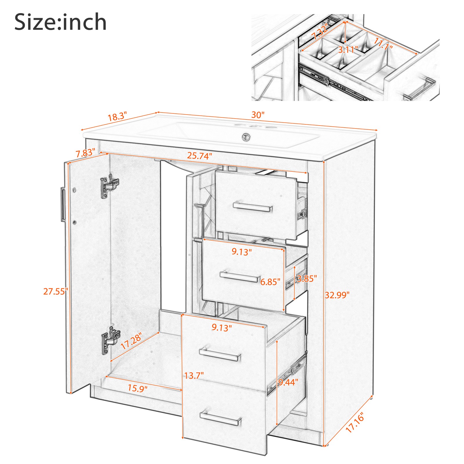30″ Bathroom Vanity with Ceramic Sink, Solid Wood Frame, 3 Drawers
