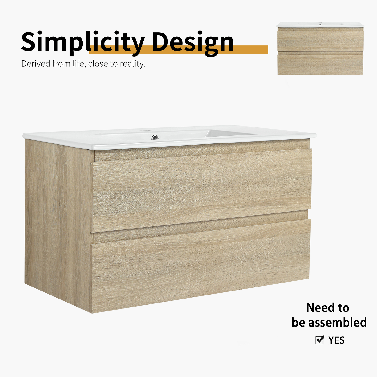 36″ Wood Wall Mounted Bathroom Vanity W/ 2 Drawers +Ceramic Sink Basin Light Oak