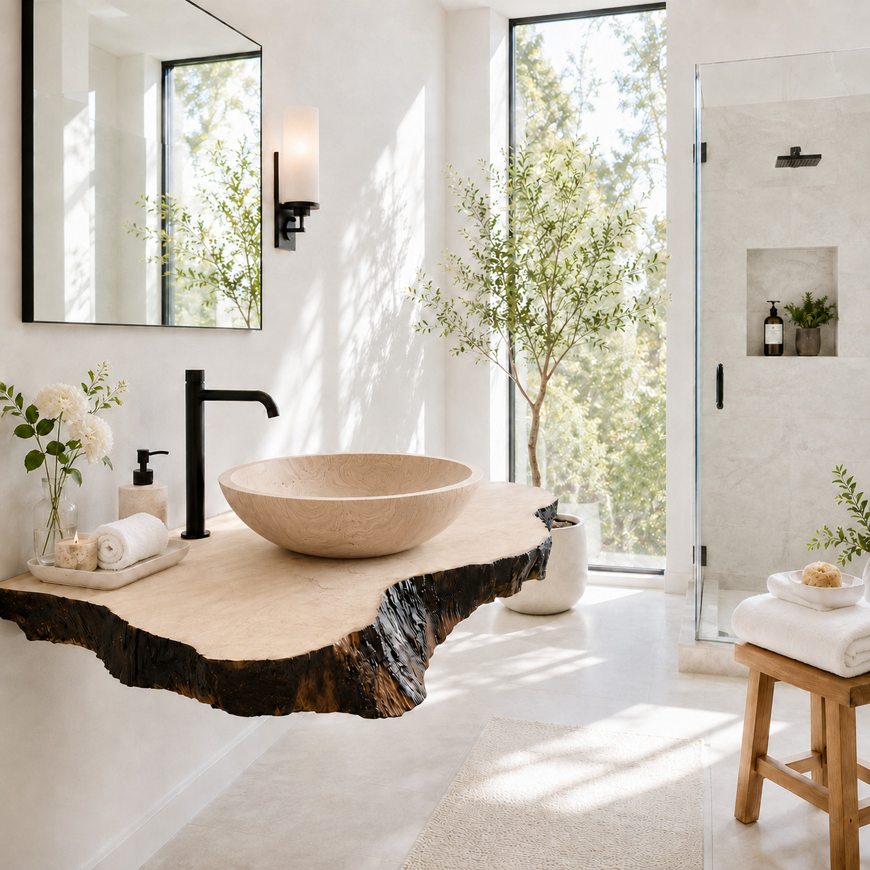 Modern Rustic Solid Wood Vanity – Natural Live Edge Bathroom Sink Console
