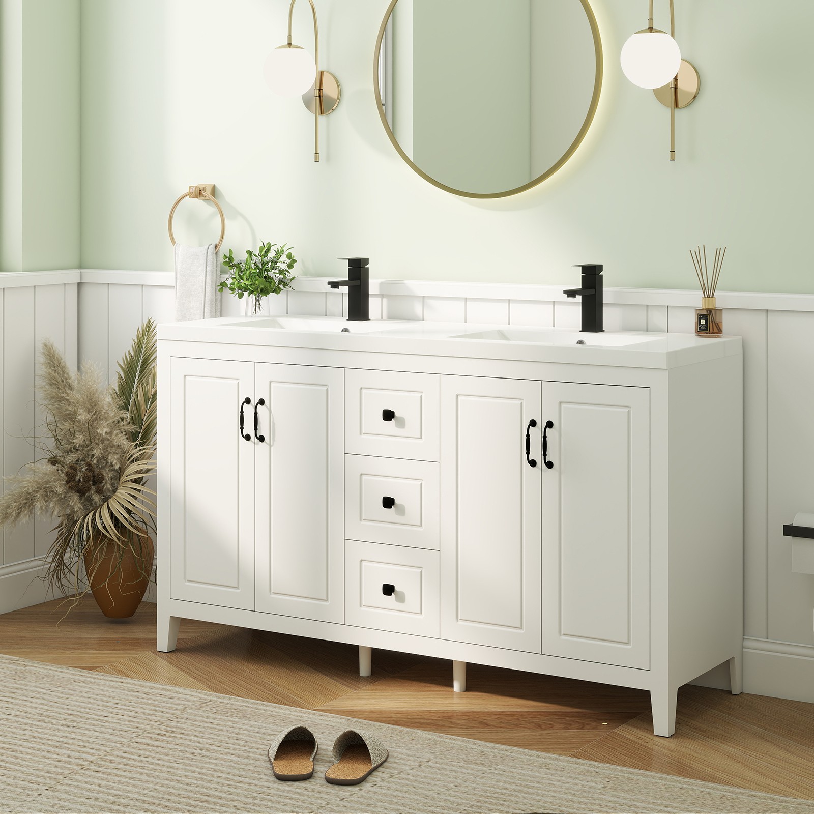 60″ Bathroom Vanity Freestanding with Sink Soft Close 4 Doors 3 Drawers Faucet