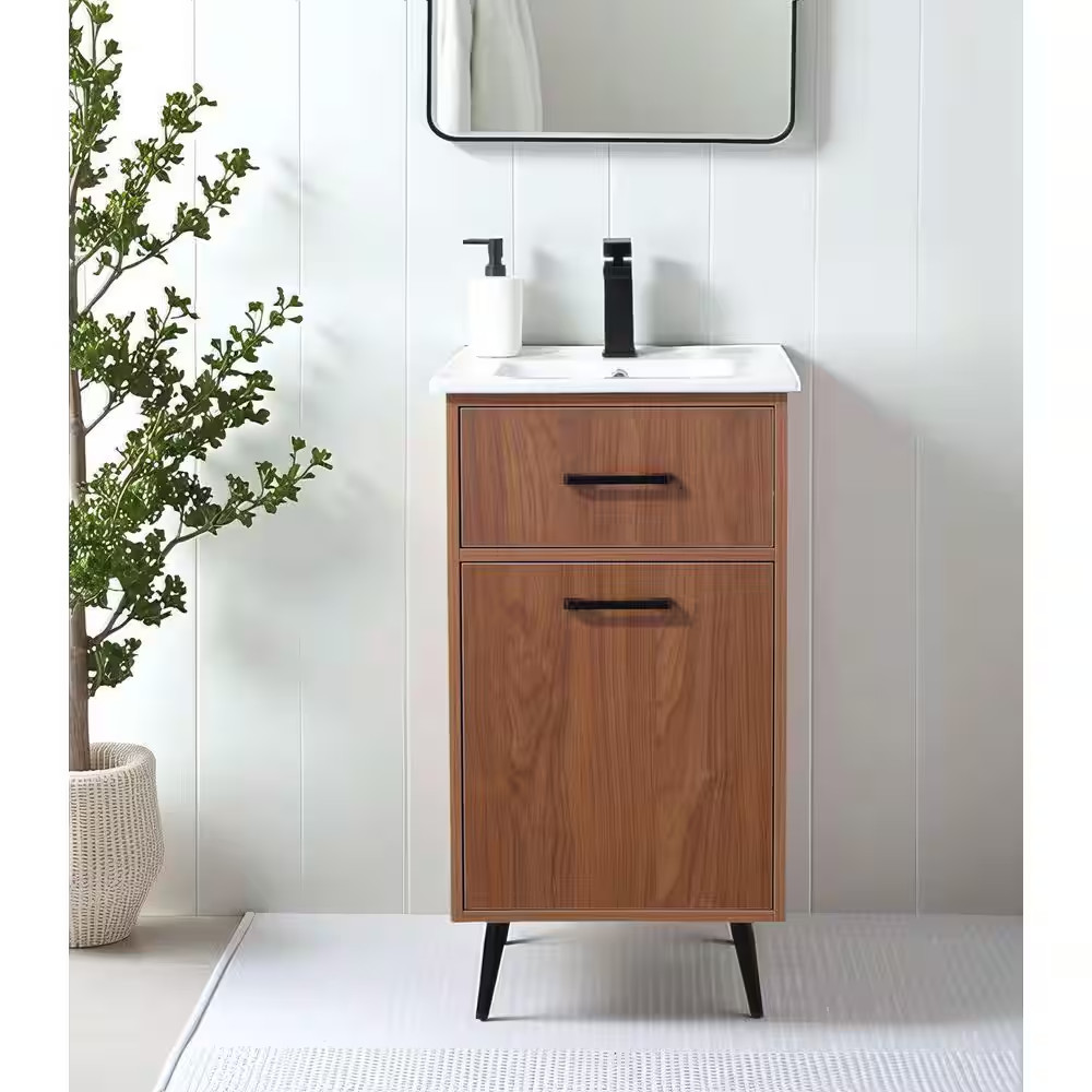 18 In. W X 17 In. D X 34 In. H Modern Brown Bath Vanity with Single White Cerami