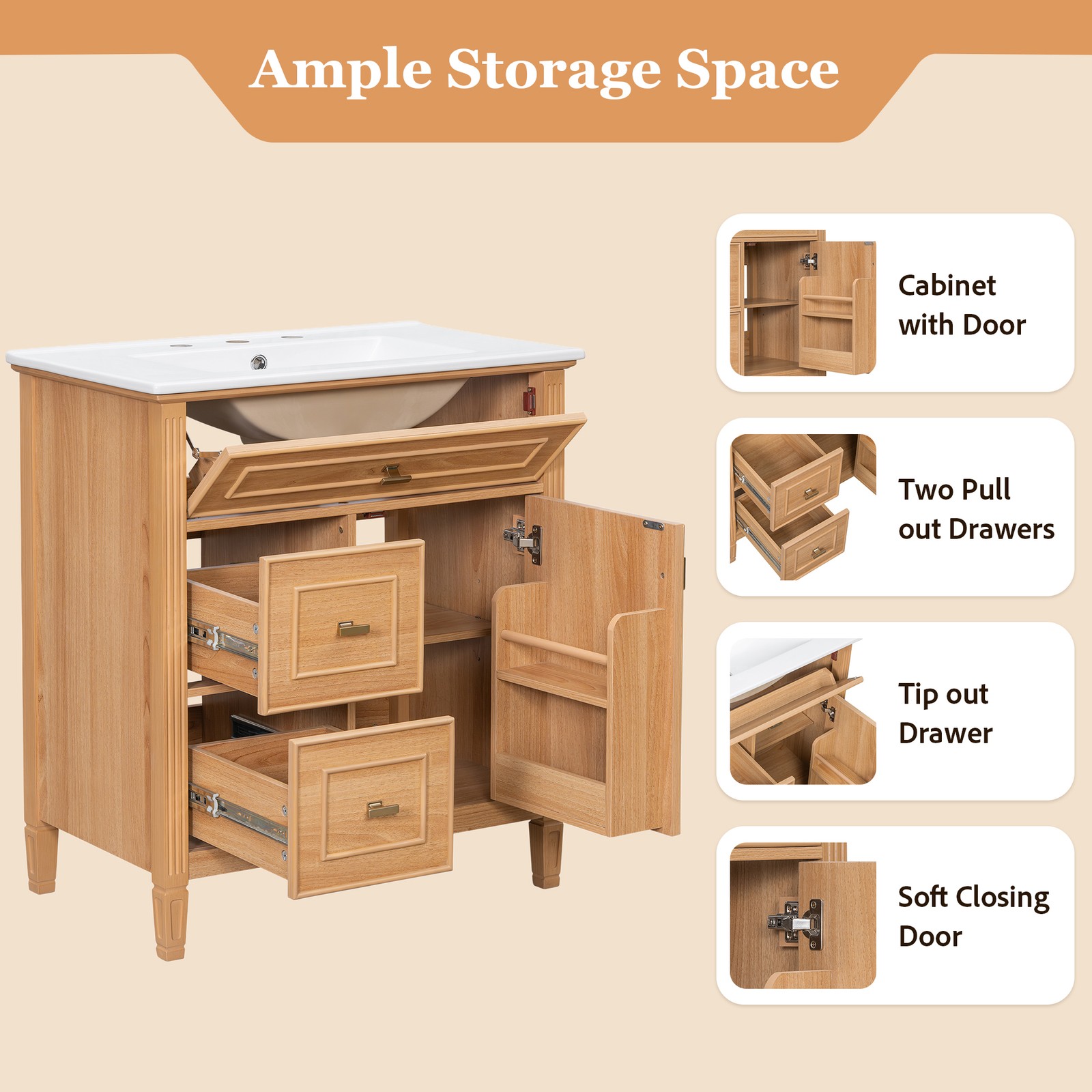 30″ Bathroom Vanity with Sink, Cabinet, Drawers, Solid Wood & MDF