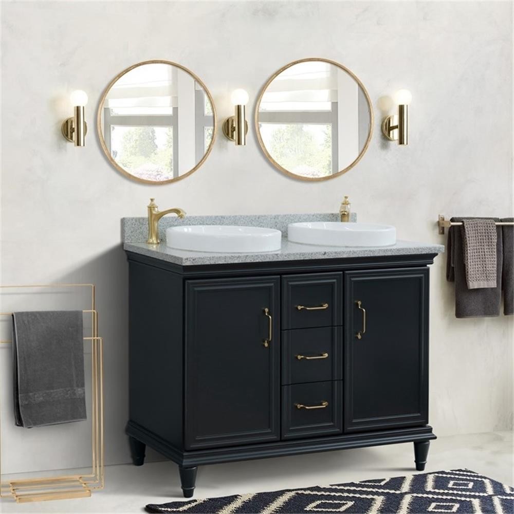 49 in. Double Wooden Vanity Dark Gray with Gray Granite Round Sink