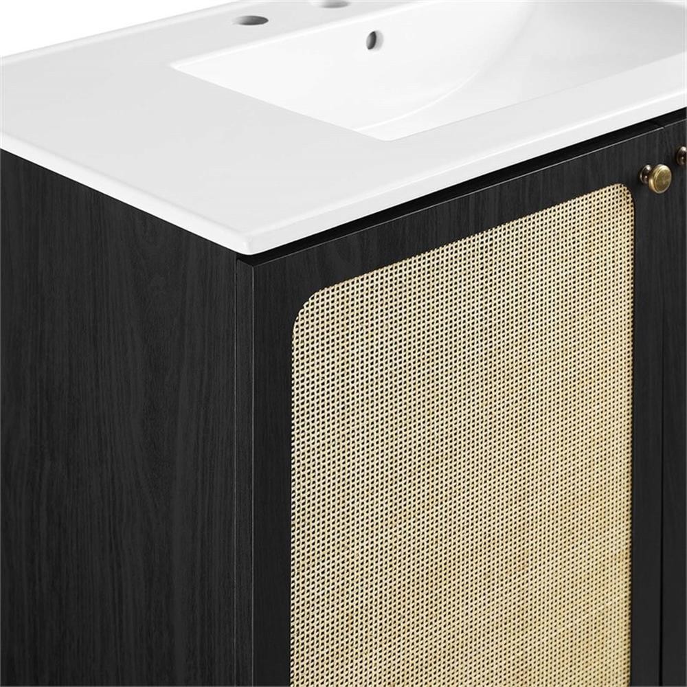 Pemberly Row 36″ Wood & Rattan Bathroom Vanity in Black/White