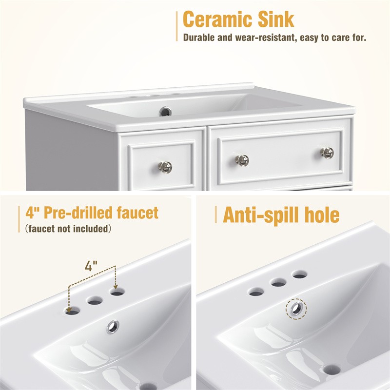 24″ White Bathroom Vanity Cabinet with Ceramic Sink,2 Drawers,1 Soft-Close Door