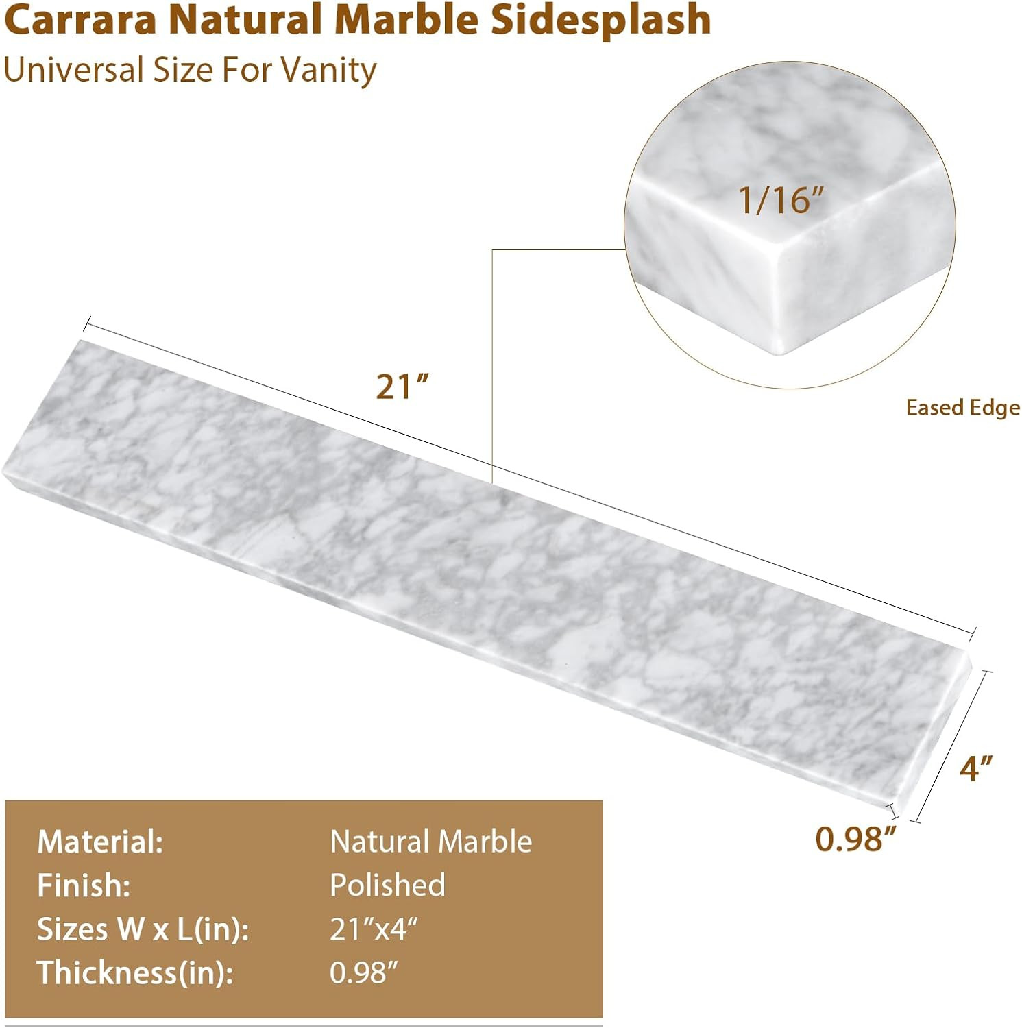 21″ Carrara Marble Side Splash for Bathroom Vanity Sink – Universal Fit