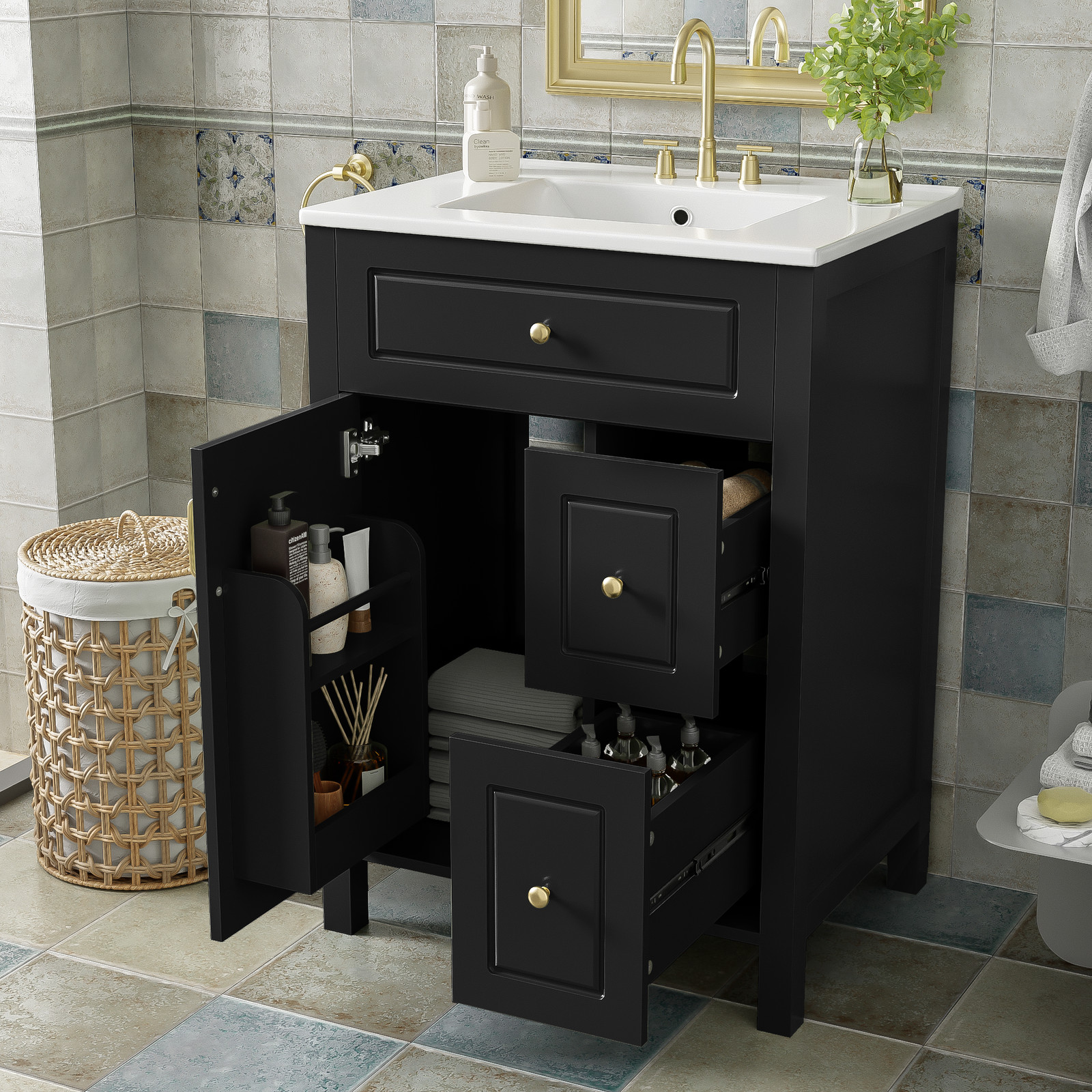 24″ Bathroom Vanity with Ceramic Sink Modern Bathroom Storage Cabinet Soft Close