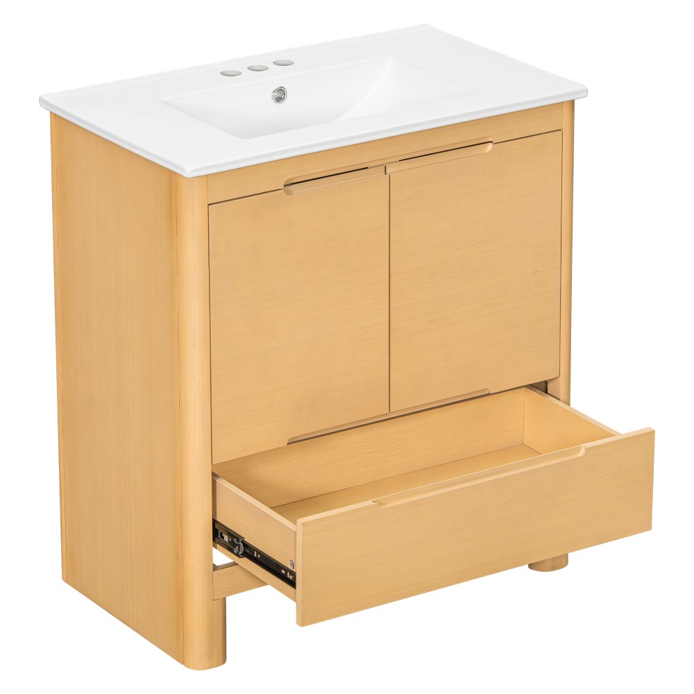 30″ Softened Modern Bathroom Vanity with Ceramic Sink, Natural Wood Grain