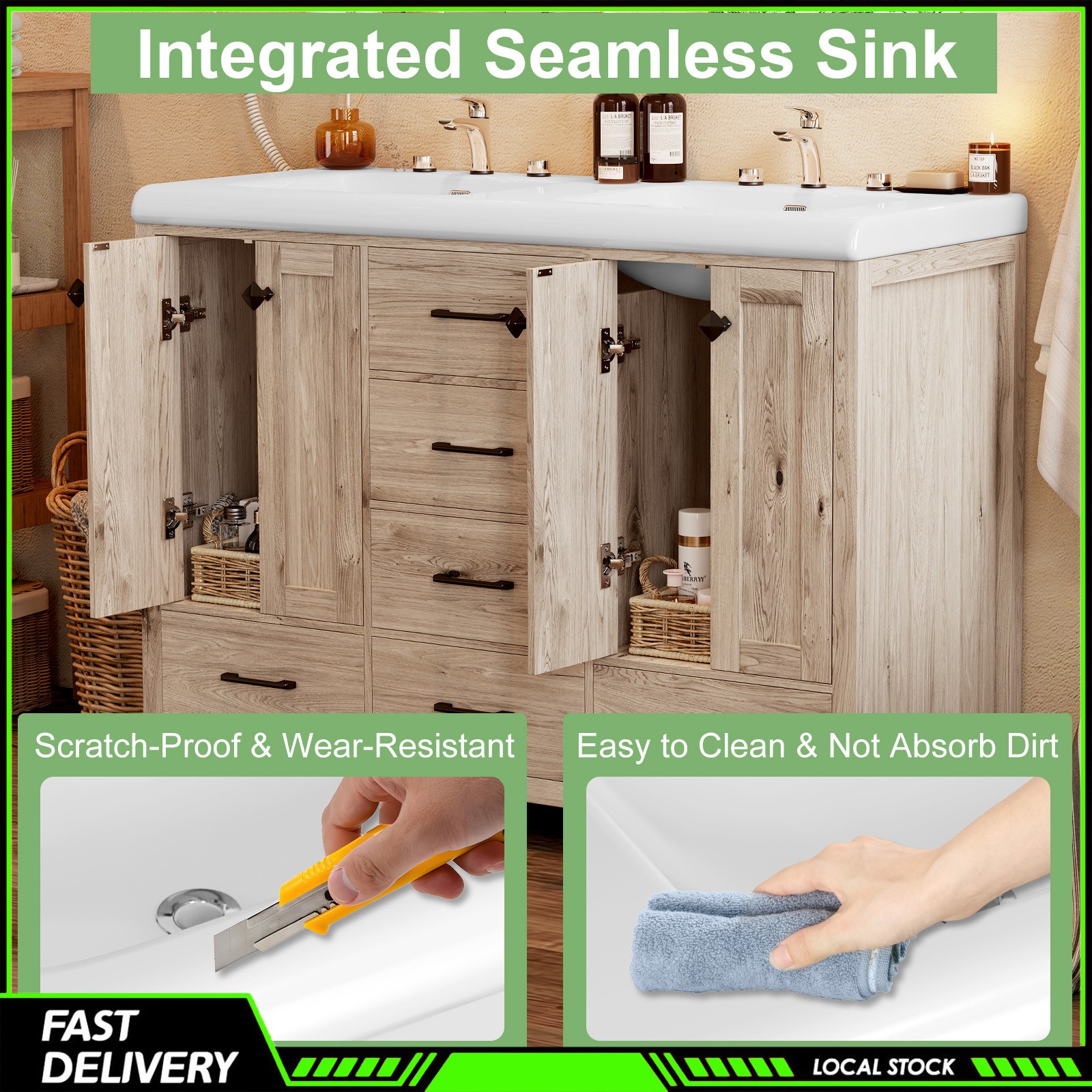 47 Inch Durable Bathroom Vanity Double Ceramic Sinks Cabinet with Doors &Drawers