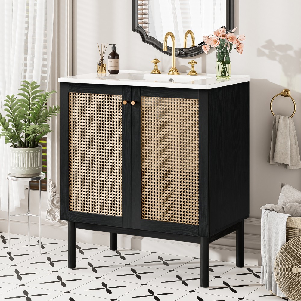 30in bathroom vanity crafted from natural materials featuring handmade rattan