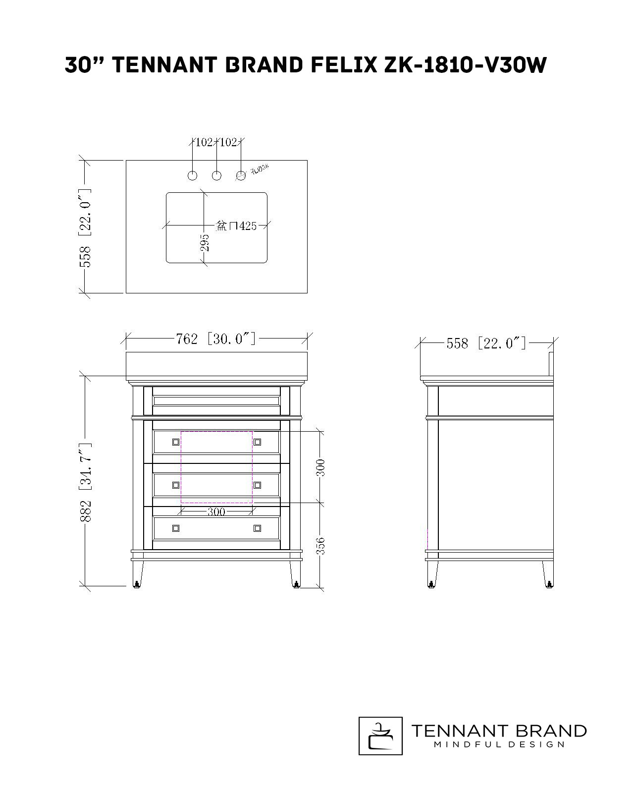 30 inch Felix Contemporary White Sink Bathroom Vanity ZK-1810-V30W