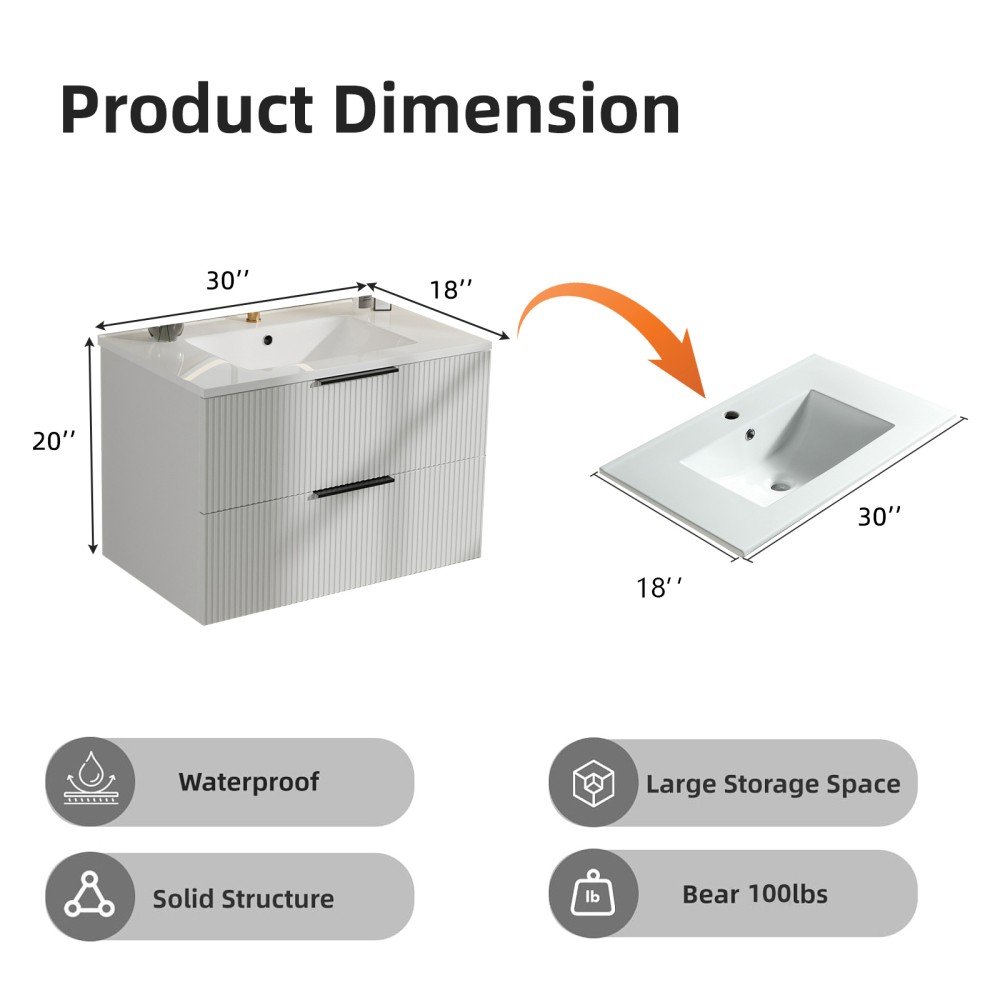 30″ Bathroom Vanity with Ceramic Sink, White Wall Mounted Fluted Cabinet