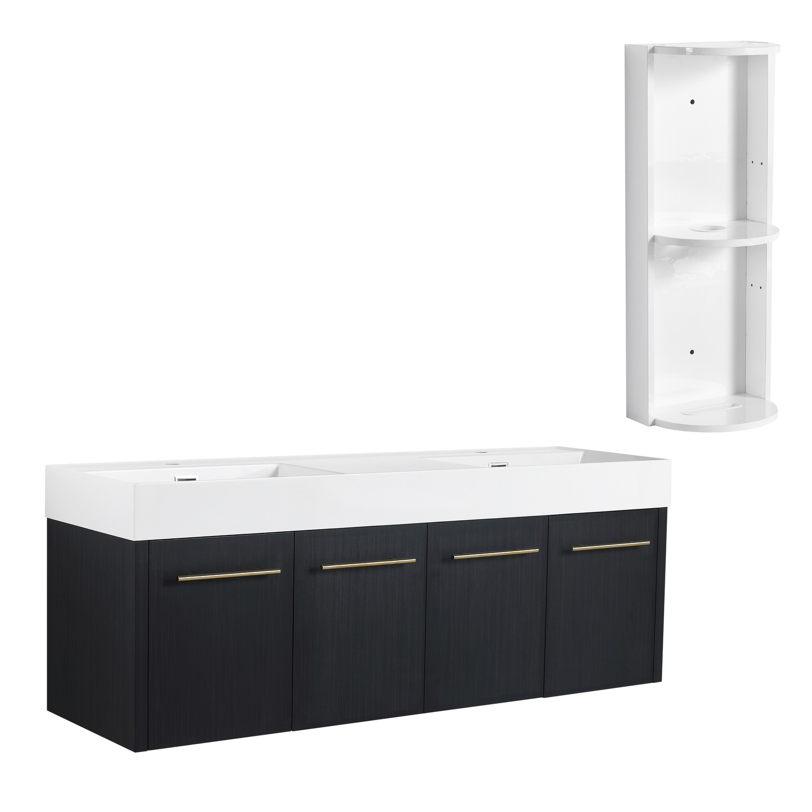 60 In Floating Wall-Mounted Bathroom Vanity Cabinet W/ Double Resin Top Basin