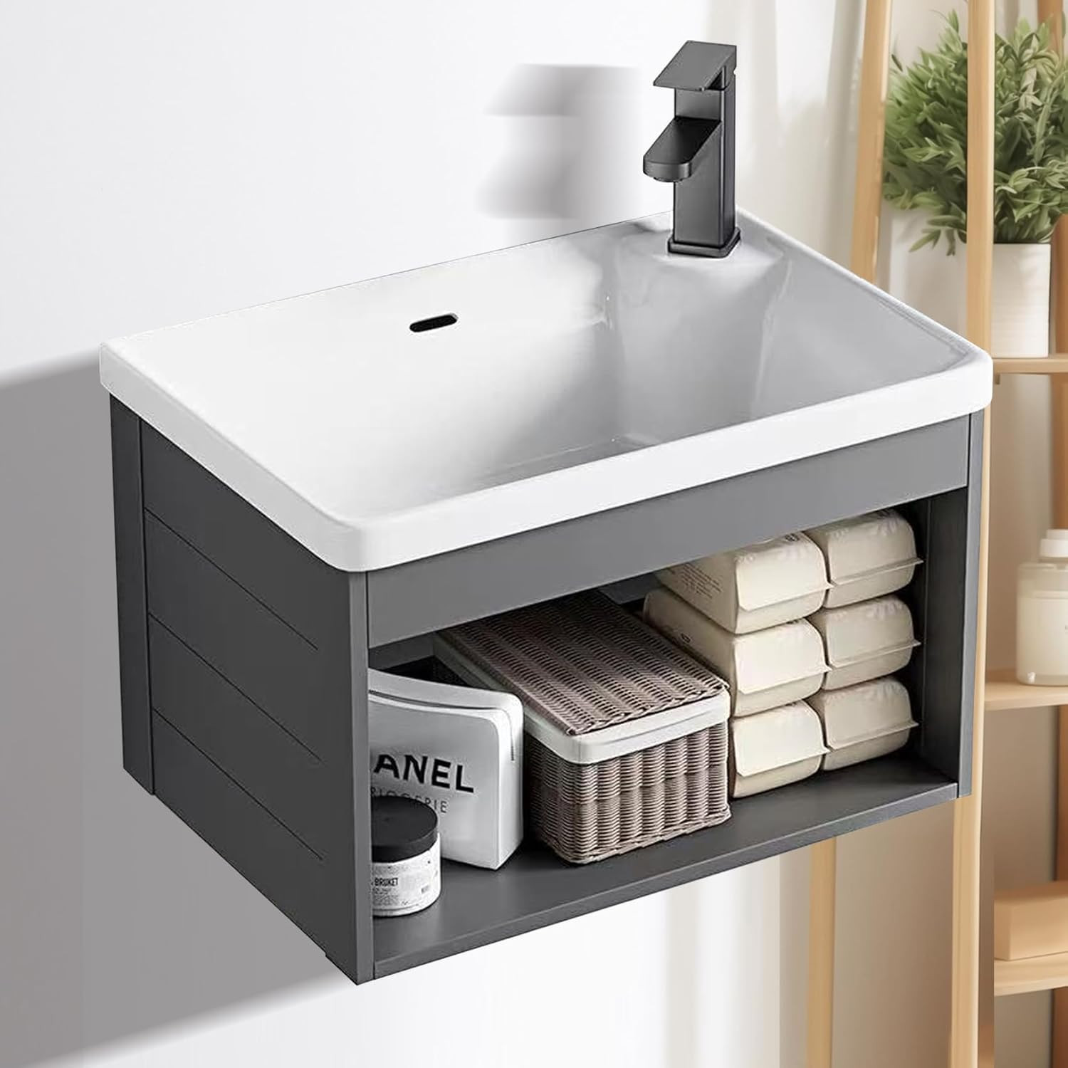 18-Inch Wall-Mounted Floating Gray Open Bathroom Vanity with Ceramic Basin Compa