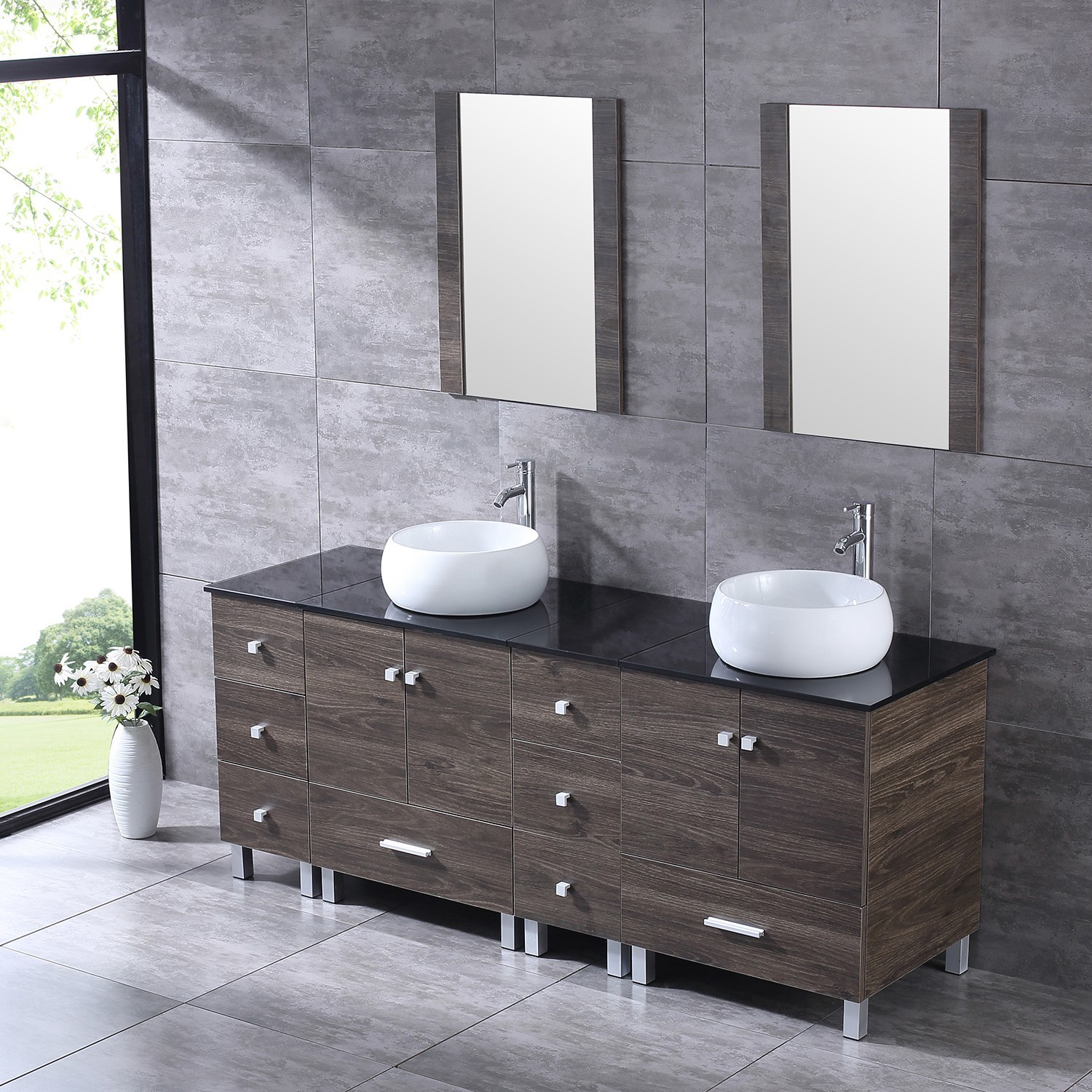 72″ Bathroom Vanity Free Standing Cabinet Ceramic Vessel Sink w/Mirror Faucet